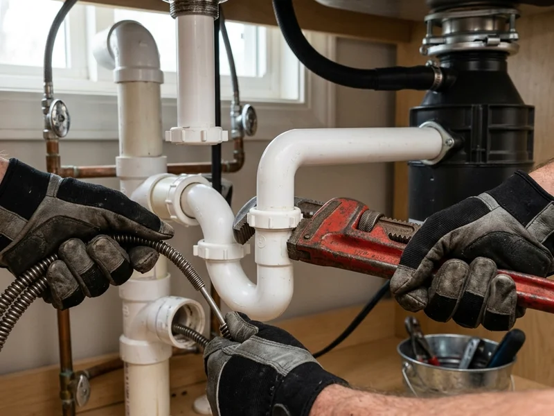 Plumbing professional working on residential drain trap and pipe
