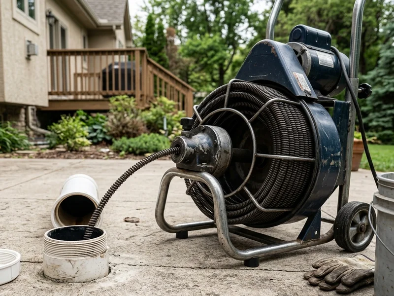 Professional motorized sewer cable machine and cleanout setup for urgent drain problems