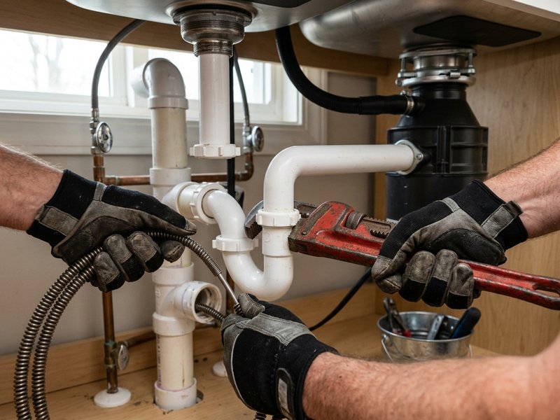 Close-up of professional drain cleaning work with pipe wrench and auger underneath a residential sink