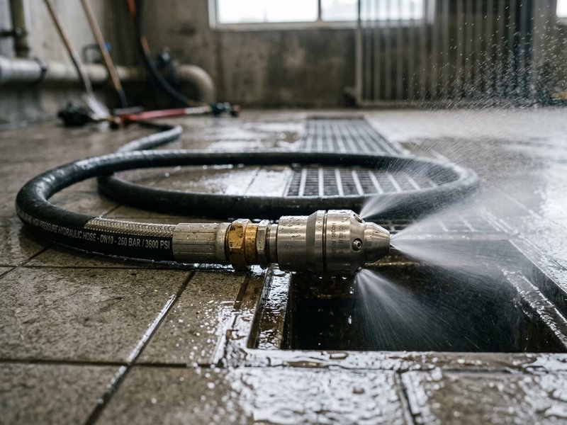 High-pressure hydro jetting nozzle and heavy-duty hose spraying fine water mist for pipe scour cleaning