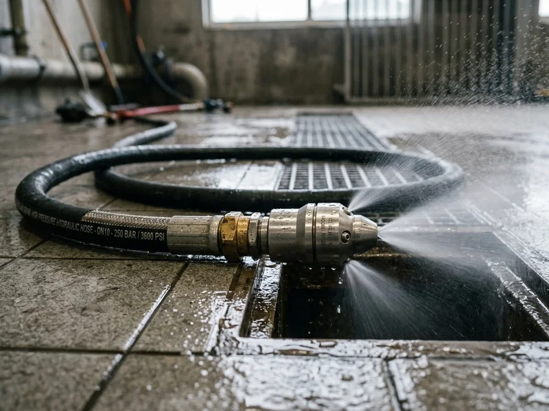 Industrial hydro jetting high-pressure nozzle spraying water mist for drain scour cleaning