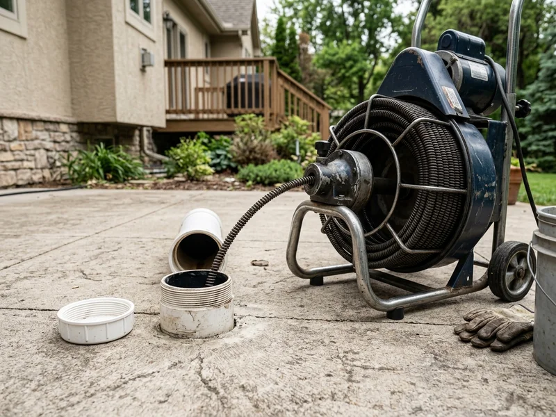 Outdoor residential sewer cleanout line and heavy duty motorized drain cleaning equipment